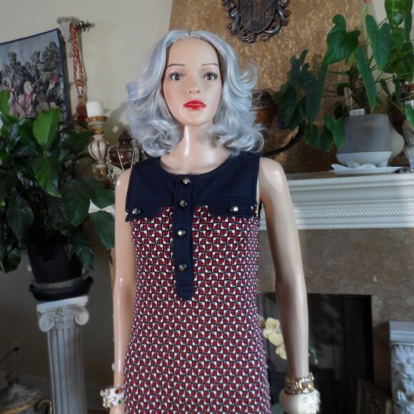 Tory Burch Silk/Wool Navy Blue/Red/White Print Sheath Dress Size XS - Picture 4 of 16